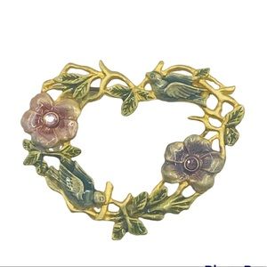 Kenneth Cole brooch floral wreath heart shaped birds and flowers gold tone
